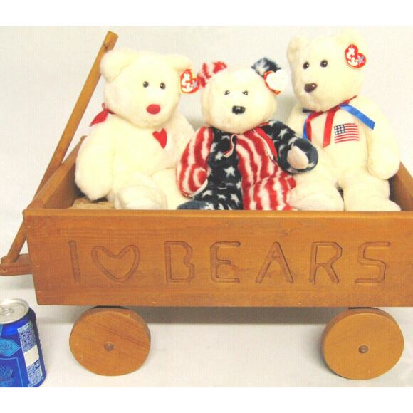 Beanie Buddy Teddy Bear Wooden Wagon Set 4 Pc Set Liberty Spangle Valentino 14" - Picture 6 of 12
